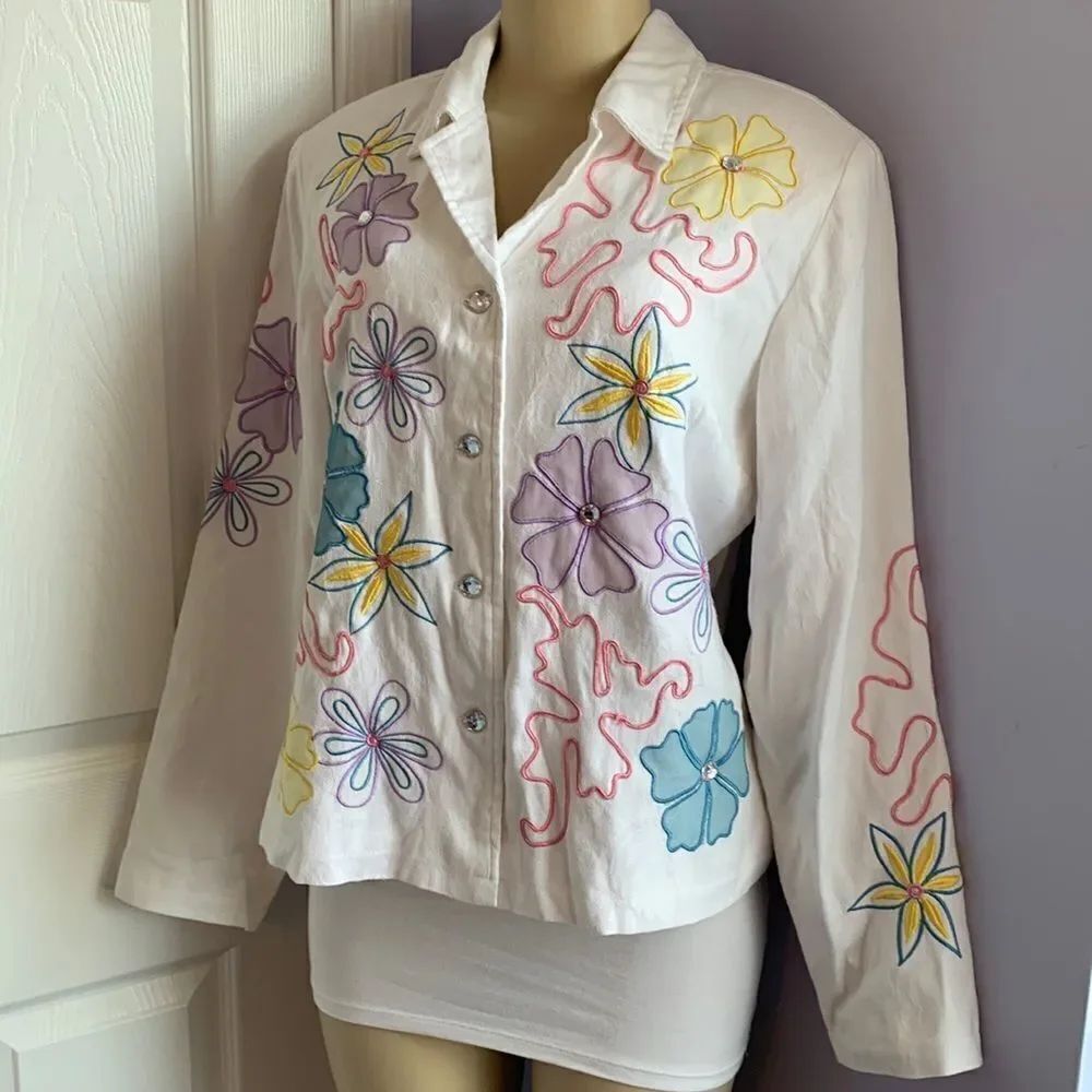 Indigo Moon QVC Embellished Blazer Button Down Jacket L White Floral